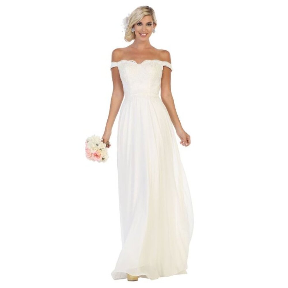 Ivory Wedding Long Off Shoulder Sleeveless A-Line Dress By May Queen MQ1644